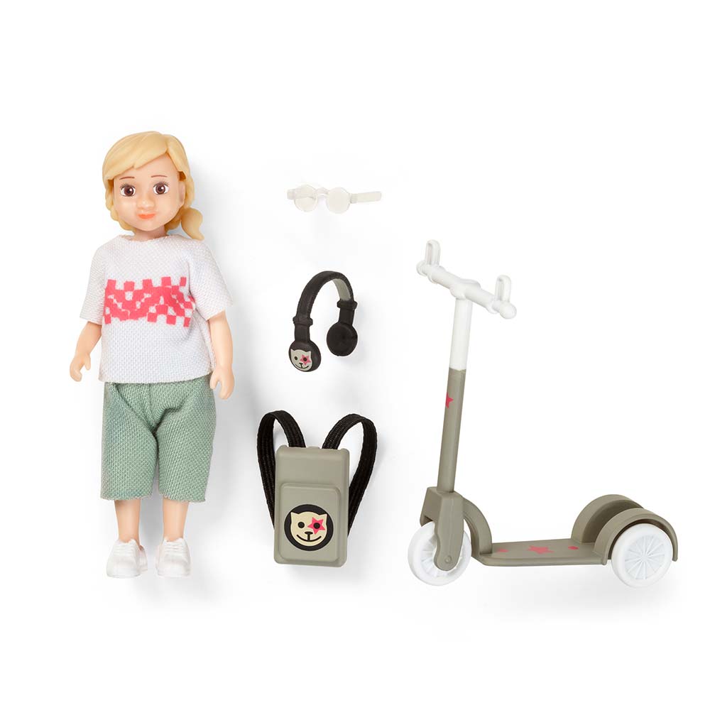 Lalka dziewczynka na hulajnodze zestaw, nastolatka, domek dla lalek, Lundby