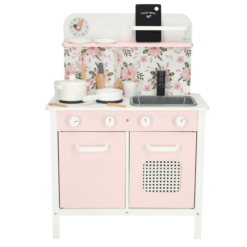 Kuchnia dla dzieci drewniana MDF Lulilo FLoro akcesoria różowa 82cm