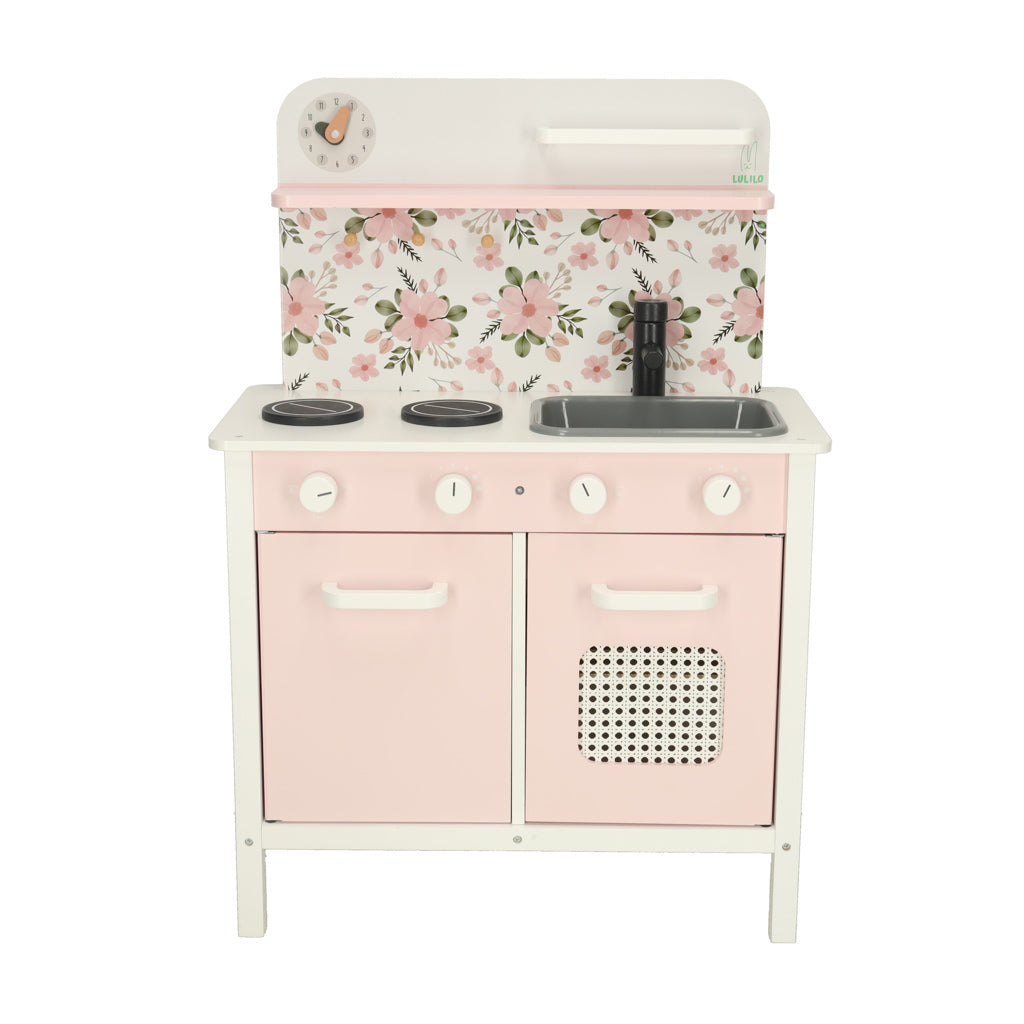 Kuchnia dla dzieci drewniana MDF Lulilo FLoro akcesoria różowa 82cm