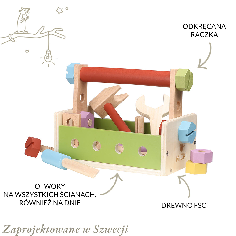 Drewniane narzędzia, zabawka dla dzieci, zestaw małego majsterkowicza Micki