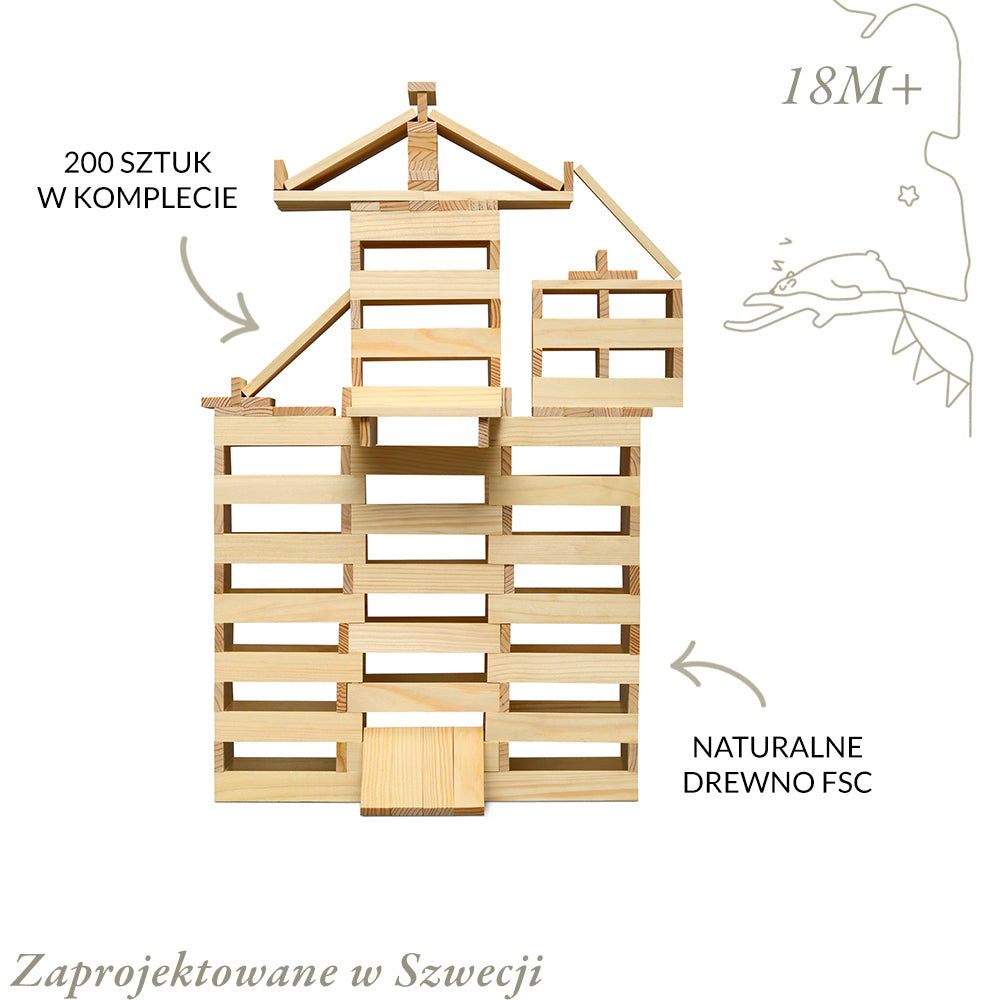 Drewniane klocki konstrukcyjne, zestaw 200 klocków zabawka dla dzieci Micki