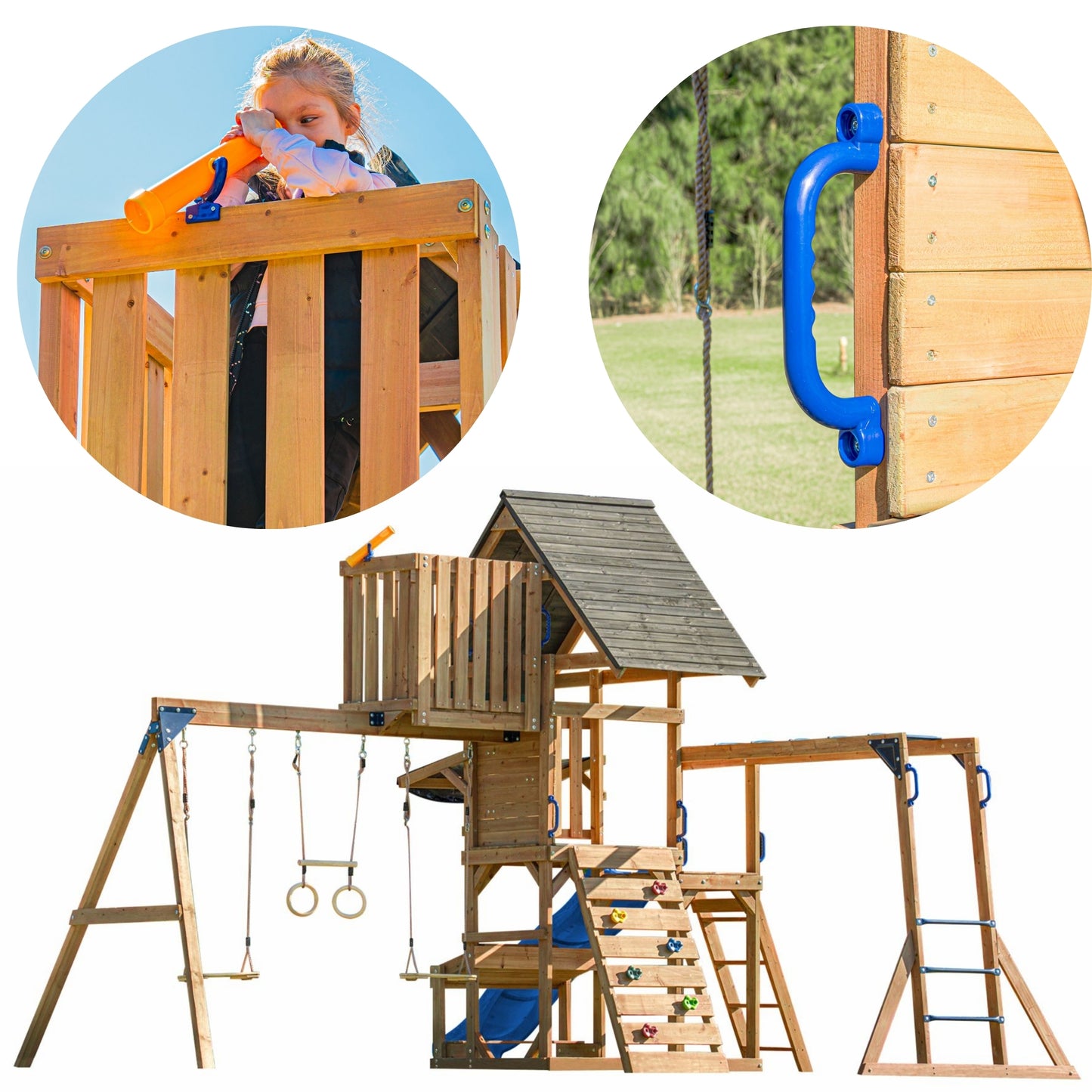 AXI Mitch play tower - Duży Plac Zabaw Drewniany Zjeżdżalnia Hustawki Ścianka Wspinaczkowa + Wieża