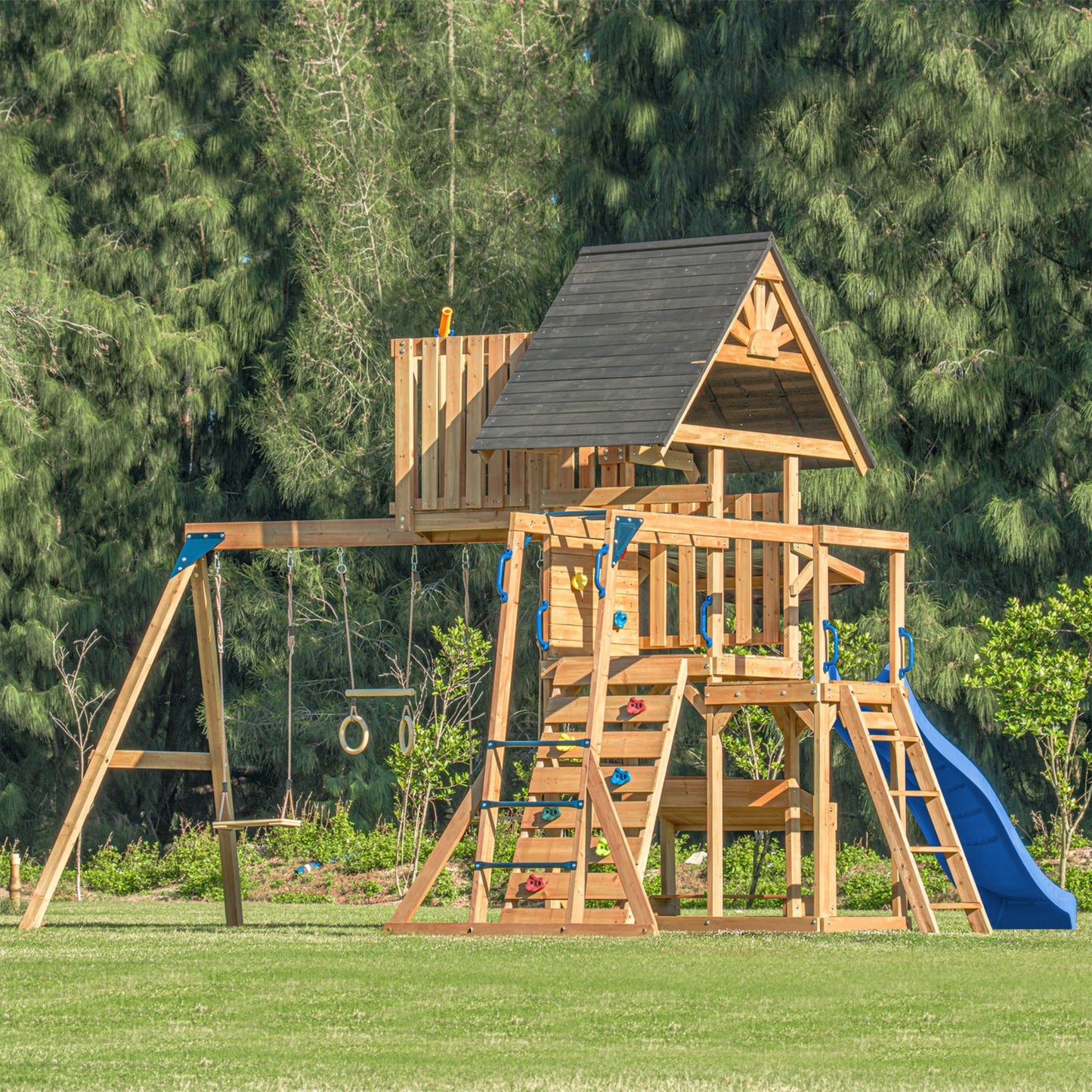 AXI Mitch play tower - Duży Plac Zabaw Drewniany Zjeżdżalnia Hustawki Ścianka Wspinaczkowa + Wieża
