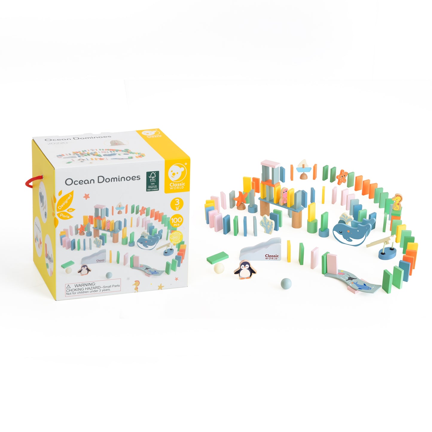 CLASSIC WORLD Drewniane Domino Tor Logiczny Przeszkód Układanka Montessori 100 el.