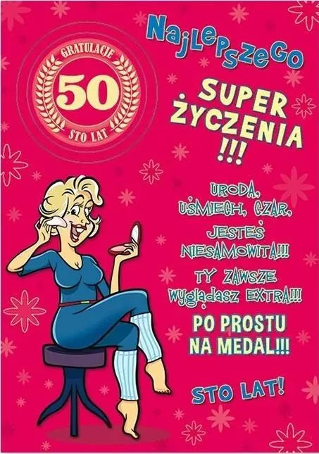 Karnet na 50 urodziny. Humorystyczny, różowy