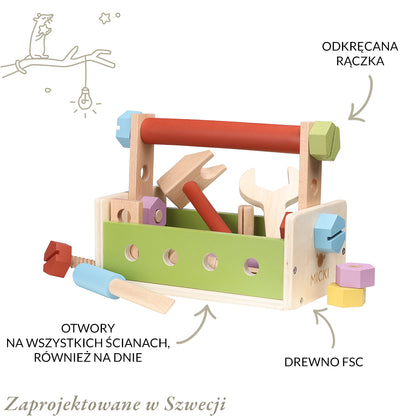 Drewniane narzędzia, zabawka dla dzieci, zestaw małego majsterkowicza Micki