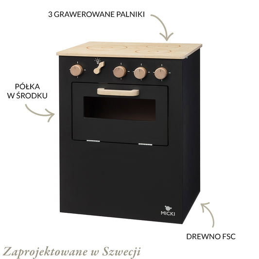 Czarna drewniana kuchenka dla dzieci Premium kuchnia piekarnik zabawa Micki