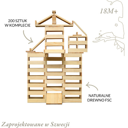 Drewniane klocki konstrukcyjne, zestaw 200 klocków zabawka dla dzieci Micki