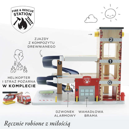 Drewniany garaż wielopoziomowy służby ratunkowe, zabawka, dzieci Le Toy Van