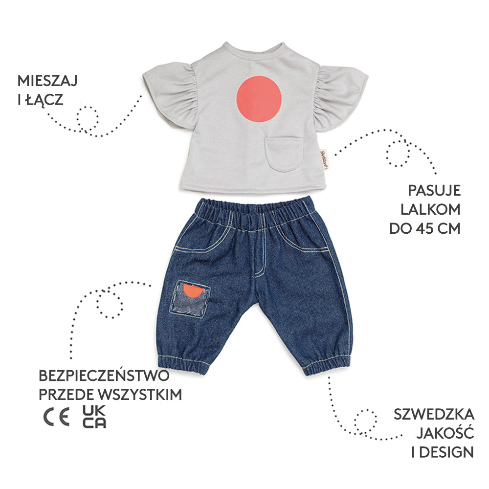 Jeansy i t-shirt dla lalki 45 cm, zabawa w przebieranie, ubranka, Skrallan